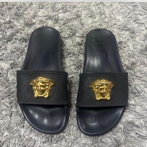 Versace Men's Black Slides with Gold Medusa